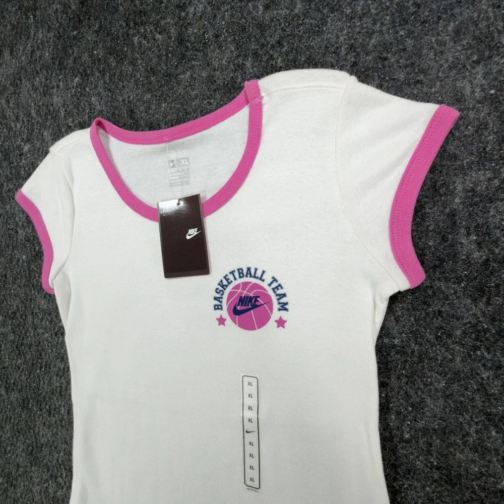 Nike Y2K Ringer Tee Girls XL White Pink Basketball Team 216485 NWT